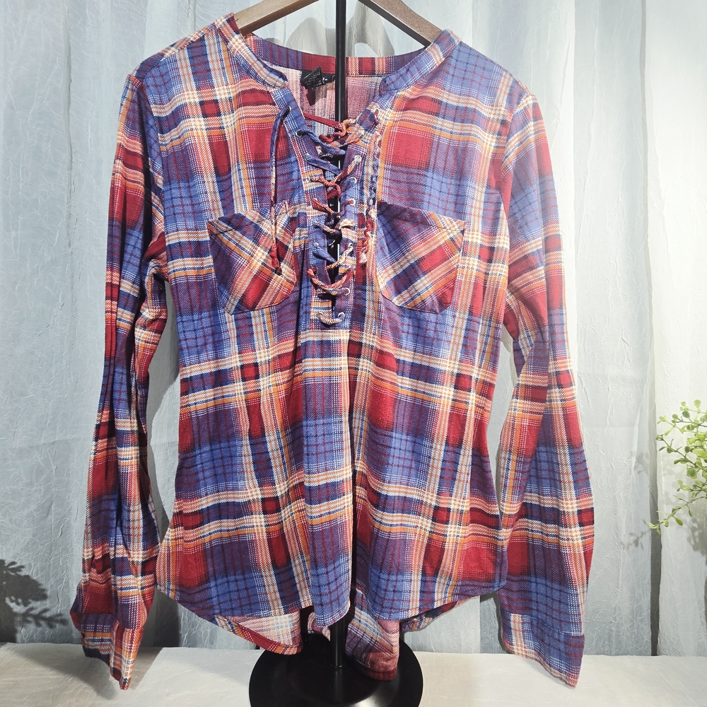 Rue21 Red and Blue Plaid Lace-Up Blouse